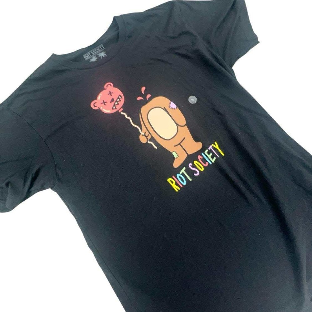 Riot Society Bear Balloon Black Graphic Print Cotton Blend T-Shirt L Tilly's nwt - Picture 3 of 9
